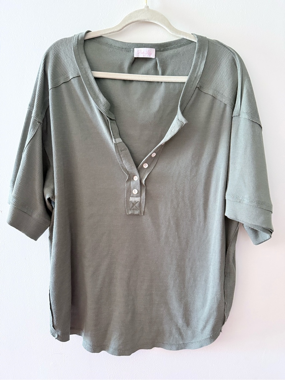 Pink Lily Olive Green Short-Sleeve Ribbed Henley Top